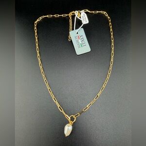 NWT 14k Yellow Gold over Sterling Silver Paperclip Chain Pearl Pendant Necklace